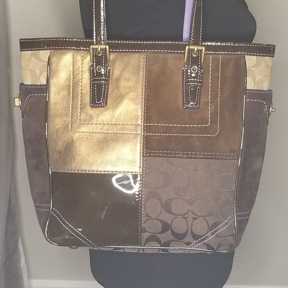 Coach Brown Patchwork Suede Leather Jacquard Bag - Picture 5 of 11